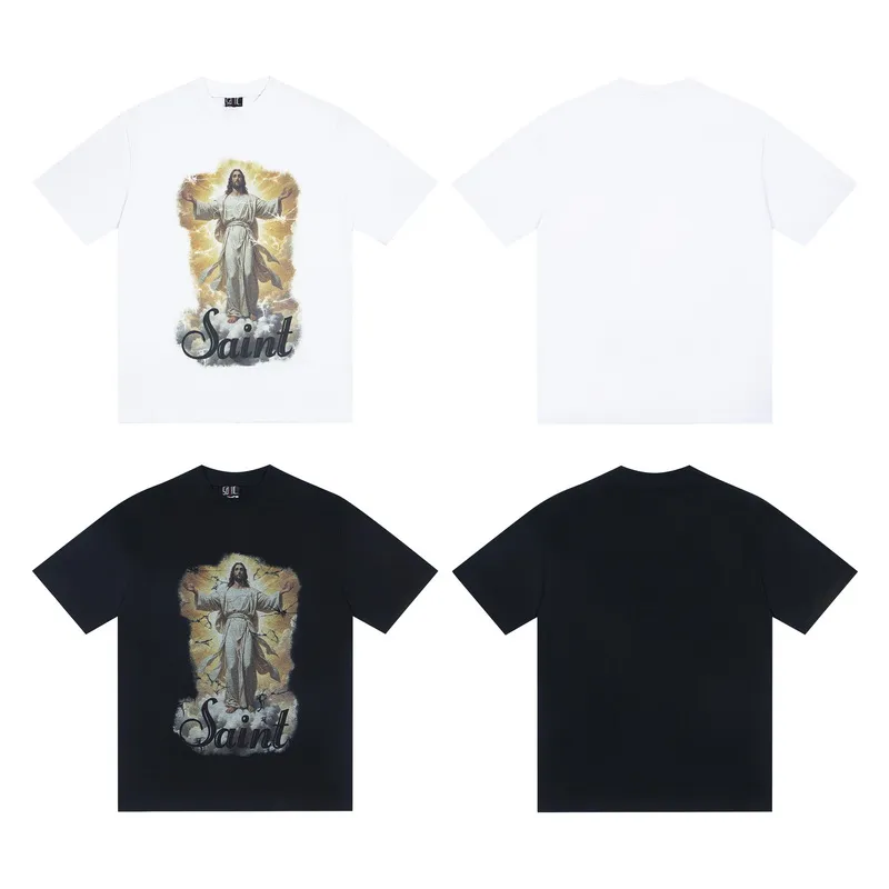 100💰S09#美Chao SAINT white ink direct-injection pure cotton 260g loose short-sleeved T-shirt 15 black, white S-XL